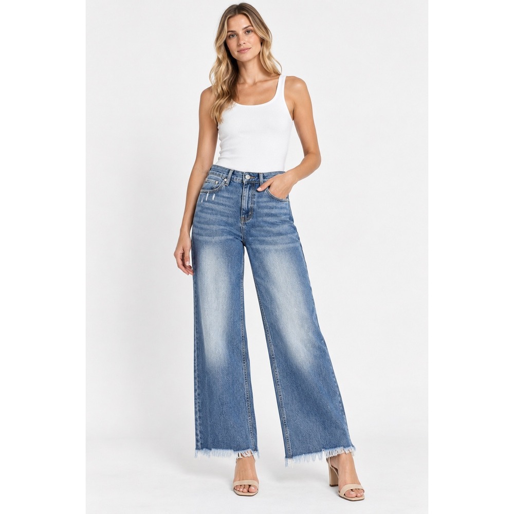 Risen Jeans High Rise Wide Leg Frayed Hem Crop Denim Blue ST_RDP1025 Size 7/28